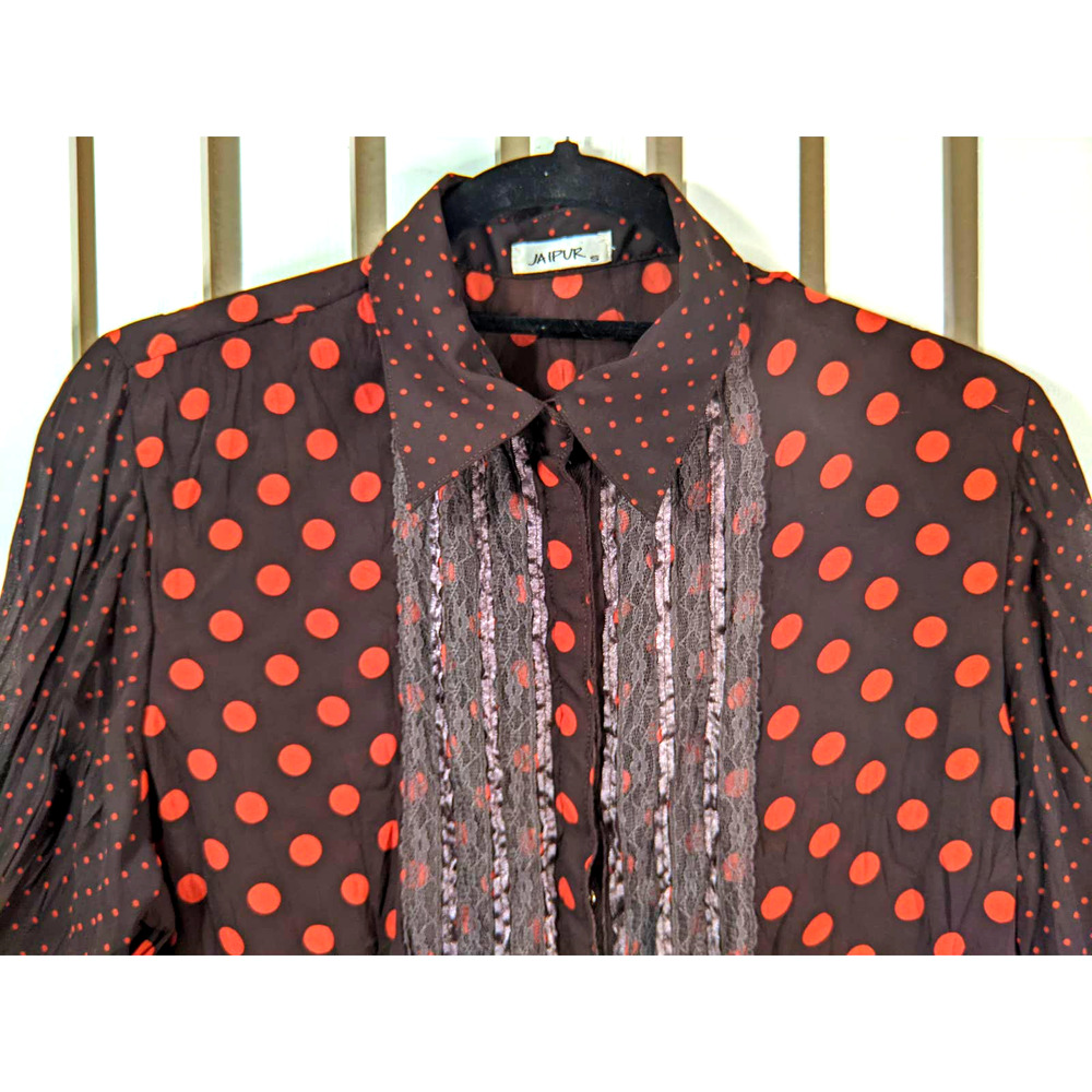 Jaipur Polka Dots Orange Brown Vintage Sheer Lace Bohemian Front Blouse Sz Small